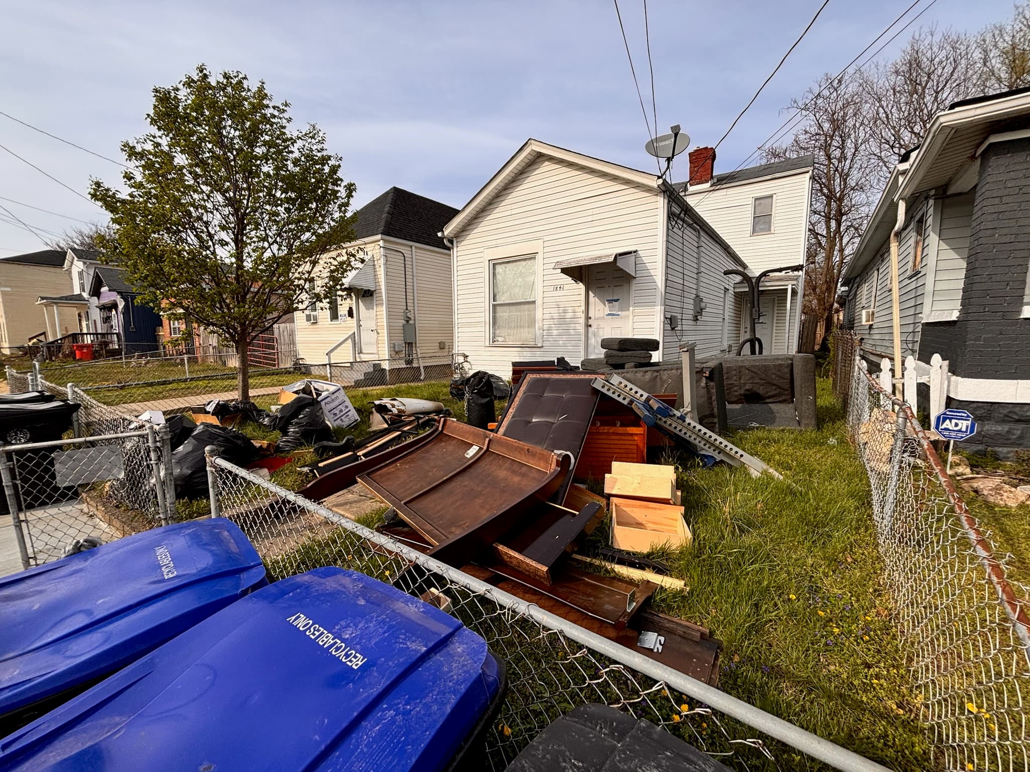 Before: house cleanout frontyard full of debris